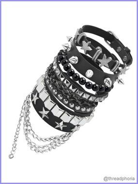 Studded Bracelet Set 5Pcs Punk Emo Spike Cuff PU Leather Adjustable